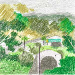 sketch of green trees and grey buildings