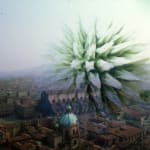 Collage from a photo of a city and an abstract geometric shape