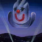 Painting of a cowboy hat floating above a dark landscape of mountains. The cowboy hat has a clown face painted on it.
