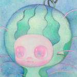 Painting of a figure in a watermelon shaped suit on a blue and green background