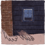 Painting of the side of a house with two hand like objects on the bottom