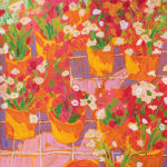 painting of multiple orange flower pots containing white, pink, and red flowers by Nicholas Bono Kennedy