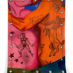 Painting of two people (one pink, one orange) kissing with their shirts off, revealing several tattoos on a blue background with a border of chains.