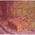 Painting of three red bricks on the ground surrounded by some weeds and fallen leaves next to a wooden fence