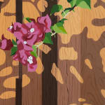 Detail of Natalia Juncadella painting of wooden fence with shadows cast over it and orchid