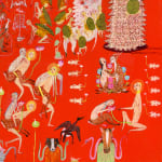 Detail shot of a painting by Mu Pan of creatures, animals and human hybrids eating, sleeping, killing, flying and climbing