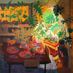 painting of a warm interior filled with lush plants, a wooden table with plates of pasta, and a flower vase by Nicholas Bono Kennedy