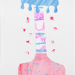CHIAOZZA - paper collage of blue water drips coming from a pink and blue stripes vase on a yellow platform, white and red triangles spread under the drips