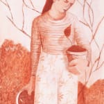 red-toned work on paper by Genevieve Cohn depicting a woman standing against a large bush and bare tree, holding a potted plant