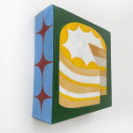 Painting of a yellow cake with a slice cut out of it.