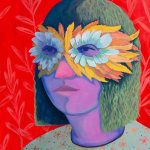 Genevieve Cohn painting of purple woman on red background, wearing feather eye mask