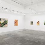 Installation view of The Jaunt: Winter Camp at Hashimoto Contemporary San Francisco. From left to right: Seonna Hong's painting "Rest as an Act of Defiance," and Genevieve Cohn's painting "To Hold, To Harbor," Seonna Hong's painting "Investigations," Genevieve Cohn's painting "We Sow a Softness," and Bianca Nemelc's painting "Flower in Breeze."