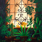two cats in a yellow blowing window with green plants around