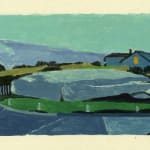 painting of a home and landscape with pale yellow border
