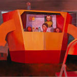 Painting of a studio set with children in a cardboard box with a large opening cut out that they are peering out of, the cardboard is painted bright orange with arms and hands that are in fists. Inside of the box you can see the children and behind them the walls are painted a light purple with a portrait of a man. In the foreground of the painting is a folding chair.