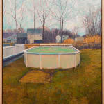 Painting of an above ground pool on grass surrounded by some low fences with bare trees in the background and a house beyond the fence