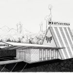Erik Parra - drawing of a burger shop in black and white.