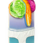 Painting of a green cabbage, a carrot and a purple cabbage above a white pair of underwear briefs.
