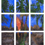 collage of nine pieces depicting a night scene of palmtrees