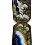 hand-cut watercolor collage in antique cosmetic compact by Shannon Taylor of a group of ghost hovering over a coast line