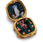hand-cut watercolor collage in antique cosmetic compact by Shannon Taylor with a ghost