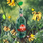 painting of a vintage Dr. Pepper bottle with sculptural yellow daisies by Nic Dyer