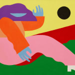 Painting of woman sitting down on the grass.