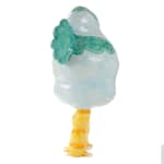 Katie Kimmel's ceramic sculpture of a blue chick with yellow legs