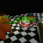 Print of an animated black and white checkered table with food on it