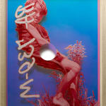 pink painting of a seated boy in pink over a blue background