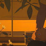 painting by artist Adrian Kay Wong depicting an orange-toned still life composition of a window, with its shade slightly drawn, white flours, a tree branch, and a figure extending an whole, unpeeled orange