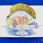 hyper realistic painting by artist Sara Suppan depicting a sketchbook with a rudimentary sketch of a fruit bowl with a spotted banana holding the pages open against a deep blue background with pencil shavings beside it