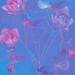 painting of a spiderweb surrounded by pink flowers and blue butterflies by Megan Ellen MacDonald
