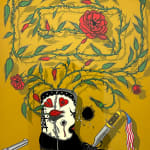 painting by artist Alex Ziv depicting a cowboy boot with a knife in the toe, a gun pointed at it, and an extensive rose bush growing out of it against a yellow background