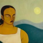 Detail of Hilda Palafox painting - portrait of woman and mountainous landscape in background with sun