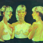 three nude girls, waist deep in dark water