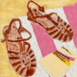 pair of brown leather sandals on a pink and white and next to a joan didion novel