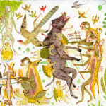 Detail shot of a painting by Mu Pan of creatures, animals and human hybrids eating, sleeping, killing, flying and climbing