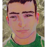 Portrait of a man with short dark brown hair, bushy eyebrows, wearing a green shirt on a dark green background.