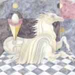 Watercolor painting by Lou Benesch of a white horse with a human face attached the back of it laying on a checker board floor