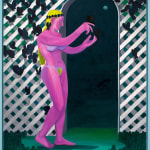 Corey K. Lamb - nude female figure with tan lines in front of latticed garden hedge