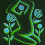 painting by jocelyn staid on a dark green figure kneeling with a light green and blue glow around it, with blue and green flowers on either side