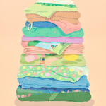 Danym Kwon - Painting of stacked clothes. Some clothes are patterned with sceneries of nature. The background is solid cantaloupe orange