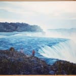 Pat Perry - painting of expansive waterfall and small figures at edge of shore along misty waterfall