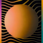Rachel Strum - paint and resin piece, gradient circle in orange and black, abstract black shapes as background, and a gradient frame of purple, orange, and green.