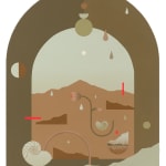 Madeleine Tonzi - brown and teal shaded painting of floating flowers, shells, water drops, and abstract shapes in front of a landscape in arch frame.