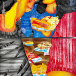 Mixed media painting of a woman sitting at a table holding a plate of food across from two men