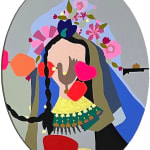 Colorful abstract painting of woman's head and flowers made from geometric shapes