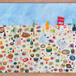 Maggie Cowles "Picky Eater" color pencil on paper featuring a variety of plates and foods in multiple colors set against a blue sky