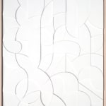 all white wooden relief piece made of many small pieces in a light wood frame